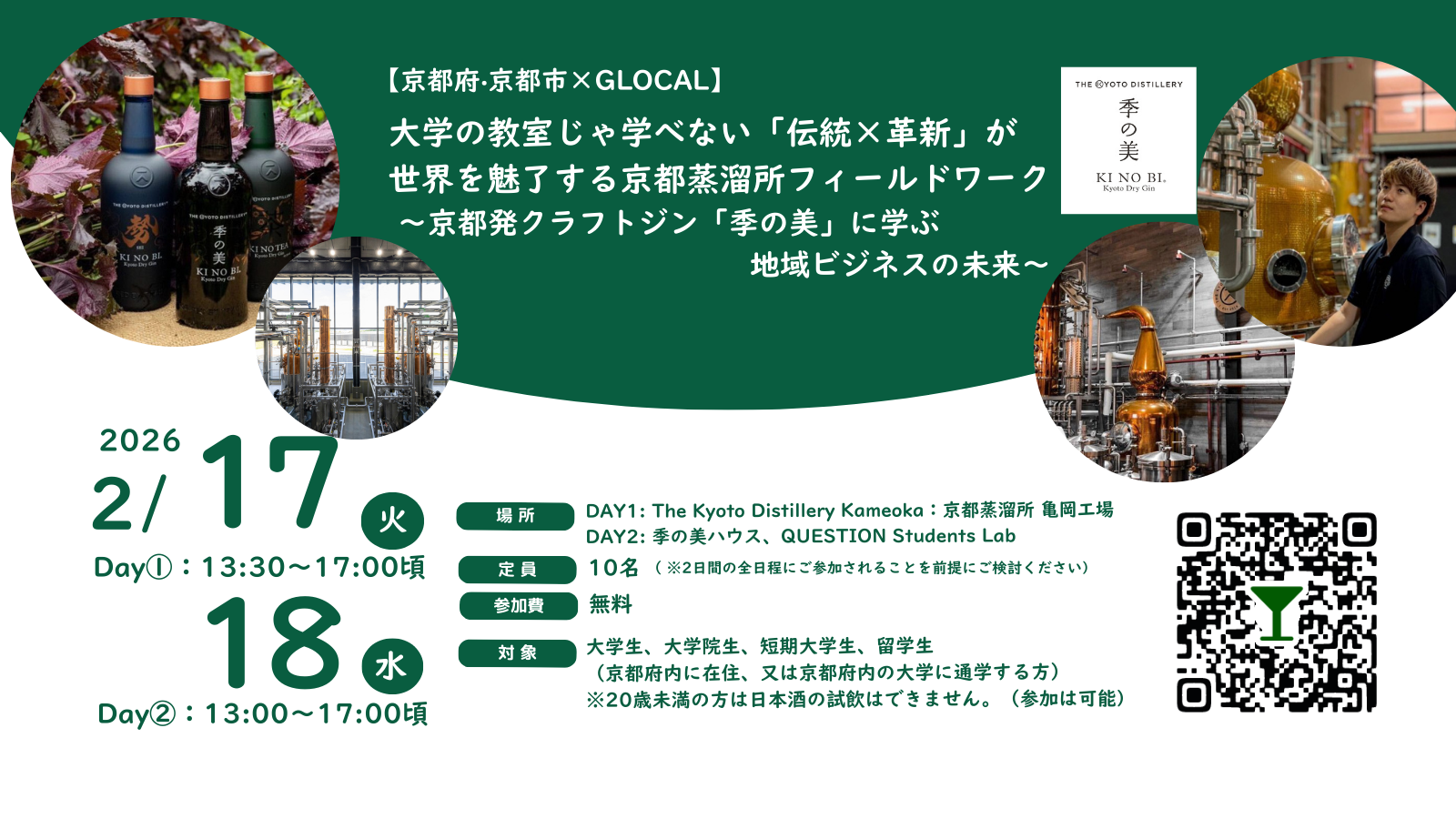 【京都府・京都市×GLOCAL】大学の教室じゃ学べない「伝統×革新」が世界を魅了する京都蒸溜所フィールドワーク 〜京都発クラフトジン「季の美」に学ぶ地域ビジネスの未来〜